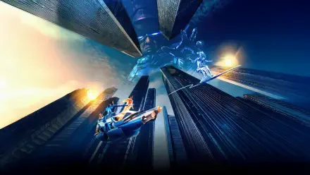 4K Ultra HD wallpaper featuring Mister Fantastic, played by Pedro Pascal, from the movie The Fantastic Four: First Steps, stretching across towering city skyscrapers at night.