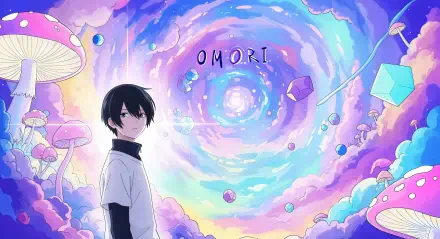 OMORI 4K Ultra HD PC desktop wallpaper featuring a dark-haired character standing against a vibrant, swirling pastel sky filled with floating crystals and oversized mushrooms.