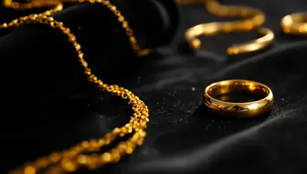 Close-up of elegant gold jewelry, including a ring and chain, captured in stunning 4K Ultra HD quality for a rich PC desktop wallpaper and background.