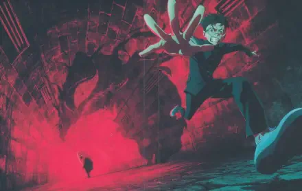 Anime-style 8K Ultra HD wallpaper featuring a dynamic chase scene from Dandadan, with intense red and blue lighting and a character inspired by Ken Takakura.