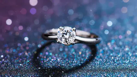 A sparkling diamond ring showcased in sharp detail against a glittery, blurred background, rendered as a 4K Ultra HD PC desktop wallpaper.