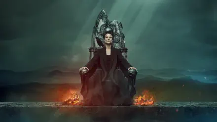 The Sandman sits on a dark throne surrounded by flames under a moody, stormy sky in this 4K Ultra HD PC desktop wallpaper and background.