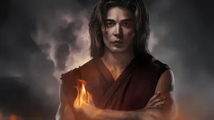 4K Ultra HD PC desktop wallpaper of a Mortal Kombat 2 (2025) character with intense expression, dark background, and flames in hand.