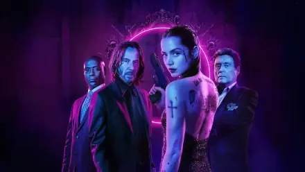 Ballerina (2025) 4K Ultra HD wallpaper featuring four intense characters illuminated by neon purple and pink lighting, set against a dark, dramatic background.