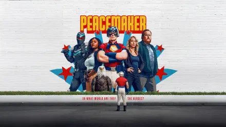 A 4K Ultra HD PC desktop wallpaper featuring the main characters from the Peacemaker TV show standing in front of a white wall with the show's bold logo above them.