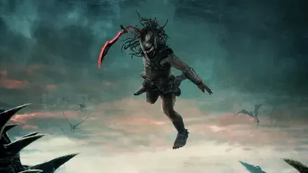 4K Ultra HD desktop wallpaper featuring Predator: Badlands, showing a fierce Predator mid-air with a red-bladed weapon against a dark, misty background.