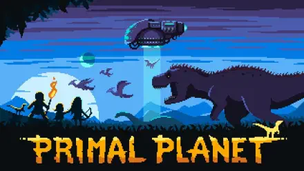 HD PC desktop wallpaper for the video game Primal Planet, featuring pixel art of dinosaur silhouettes, flying creatures, and explorers under a vibrant twilight sky.