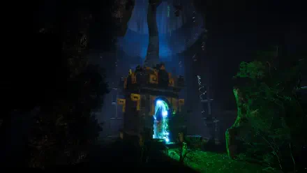 4K Ultra HD PC wallpaper from the video game Death Relives, showing a glowing portal in a dark, mysterious forest environment.