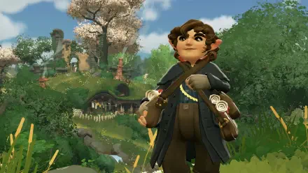 4K Ultra HD wallpaper from the video game Tales of the Shire: A The Lord of the Rings Game, featuring a character in the lush, green landscape of Comarca.