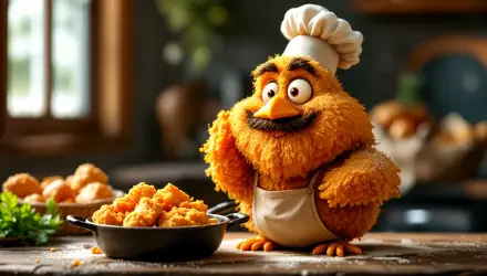 A 4K Ultra HD PC desktop wallpaper featuring a cheerful, fluffy orange chicken dressed as a chef standing beside a pan of crispy fried chicken pieces.