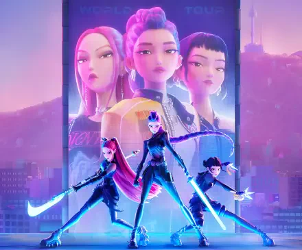 HD PC desktop wallpaper featuring characters from the movie and KPop-themed series Demon Hunters in a vibrant, futuristic cityscape background.