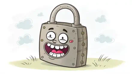 Cartoon-style lock with a happy face, set against a simple grassy background with clouds, designed as a 4K Ultra HD PC desktop wallpaper.