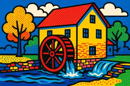 Vibrant 4K Ultra HD illustration of a colorful watermill by a flowing stream, featuring bold outlines and bright, contrasting colors as a PC desktop wallpaper.
