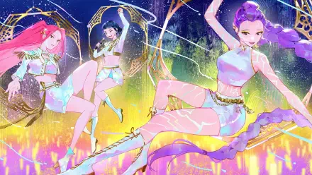 Vibrant 4K Ultra HD desktop wallpaper featuring KPop Demon Hunters in dynamic poses with neon lights and futuristic, glowing effects.