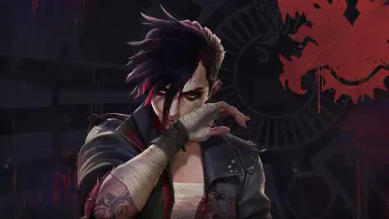 4K Ultra HD PC desktop wallpaper featuring a dark, detailed portrait of a brooding character from Arcane with striking shadows and red accents.