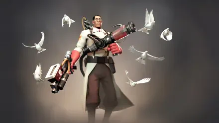 HD PC desktop wallpaper featuring Medic from Team Fortress 2, surrounded by white doves, holding his Medigun in a dynamic, detailed video game scene.