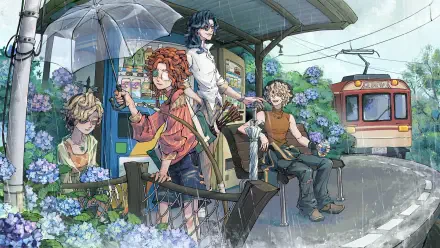 HD PC desktop wallpaper featuring characters from the video game Identity V, set at a rainy train station surrounded by hydrangeas and a passing train.