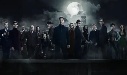 Group portrait of Gotham TV Show characters under a full moon, presented as an 8K Ultra HD PC desktop wallpaper with a dark, moody atmosphere.