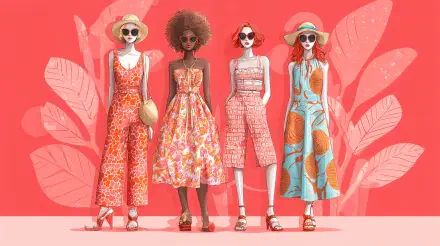 Four women in vibrant summer fashion stand against a pink leafy background, captured in a 4K Ultra HD PC desktop wallpaper and background.