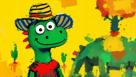 4K Ultra HD PC desktop wallpaper featuring a cheerful cartoon green dinosaur wearing a striped hat and red shirt against a vibrant yellow and orange background.