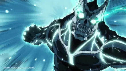 HD PC desktop wallpaper featuring Kafka Hibino from the anime Kaiju No. 8, glowing with intense blue energy in a dynamic action pose.