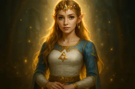 Princess Zelda depicted in a detailed, glowing 4K Ultra HD PC desktop wallpaper with a regal and serene expression, set against a warm, golden background.