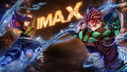 4K Ultra HD PC desktop wallpaper featuring dynamic characters from Demon Slayer: Kimetsu No Yaiba - The Movie: Infinity Castle with glowing IMAX text in the background.