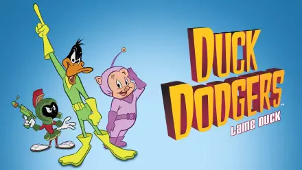 4K Ultra HD Duck Dodgers PC desktop wallpaper featuring Duck Dodgers, Porky Pig as Cadet, and Marvin the Martian in vibrant colors on a blue background.