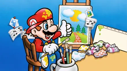 HD PC desktop wallpaper/background featuring Super Mario in Mario Paint style, painting a sunny landscape with brushes, paint splatters and floating musical notes.