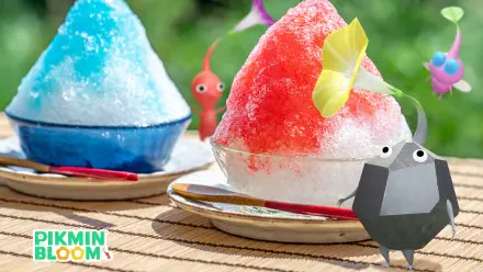 HD PC desktop wallpaper and background: Pikmin gathered around bowls of red and blue shaved ice on a sunlit table, cheerful summer scene with Pikmin Bloom logo.