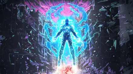 Blue Beetle in a radiant blue energy aura, silhouetted figure rising above a shattered city street with neon shards — 4K Ultra HD PC desktop wallpaper and background