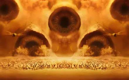 Dune: Part Two 4K Ultra HD PC desktop wallpaper — Arrakis scene of colossal sandworm maws breaching an orange sandstorm above legions of tiny figures on the desert plain.