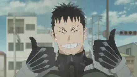 HD PC desktop wallpaper/background: Kafka Hibino from Kaiju No. 8 grinning and giving two thumbs up in anime style against a sunny urban street scene.