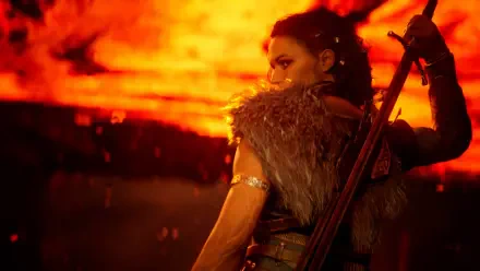 Video game 4K Ultra HD PC desktop wallpaper and background: Echoes of the End — warrior in fur armor holding a spear against a molten orange sky.