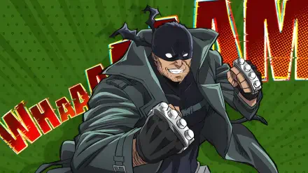 4K Ultra HD PC wallpaper/background: masked vigilante from My Hero Academia: Vigilantes lunging in a trench coat, metal knuckles raised against a comic-style green backdrop.