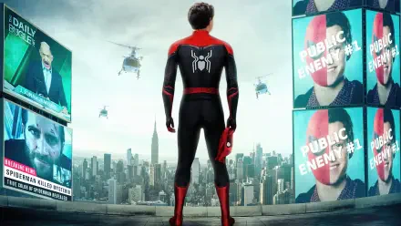 Spider-Man: No Way Home 4K Ultra HD PC desktop wallpaper — Spider-Man stands on a rooftop with his back to the viewer, holding his mask as helicopters and Public Enemy billboards loom over the city.