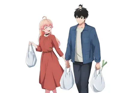 4K Ultra HD PC desktop wallpaper (WITCH WATCH): Nico Wakatsuki and Morihito Otogi walking hand-in-hand with grocery bags, smiling on white background.