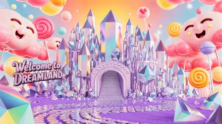 Vibrant 4K Ultra HD PC desktop wallpaper and background of a pastel crystal castle in a candy-themed dreamland, with smiling candy characters, lollipops and a Welcome to Dreamland sign.