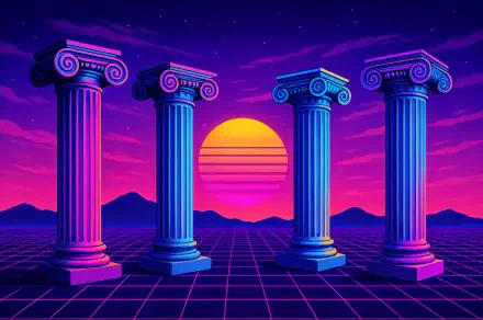 4K Ultra HD PC desktop wallpaper and background: neon retro scene of four glowing columns on a grid plane with a magenta-purple sunset and distant mountains.