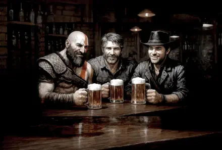 HD PC wallpaper: Kratos (God of War), Joel (The Last of Us) and Arthur Morgan (Red Dead Redemption 2) share beers at a dim, rustic bar in a stylized crossover scene.