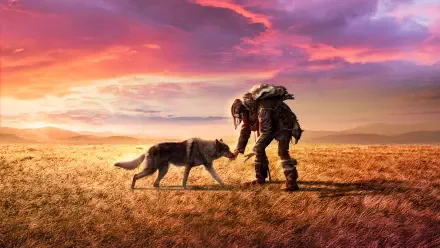 HD PC desktop wallpaper of Alpha (Movie): a lone prehistoric hunter kneeling to touch a wolf on a windswept golden plain under a vivid sunset sky.