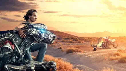 Axl (Movie) 8K Ultra HD PC desktop wallpaper — young man rests with a chrome robotic hound on a sunlit desert road, motorcycle and helmet nearby under a golden sunset.