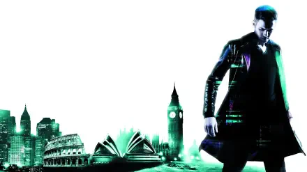 Jumper 8K Ultra HD PC desktop wallpaper and background: solitary figure in a dark coat with neon teal accents stands against white, with stylized landmarks (Big Ben, Sydney Opera House, Colosseum).