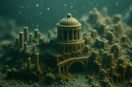 Atlantis underwater ruin: moss-covered classical temple and columned city under green light, drifting particles — 4K Ultra HD PC desktop wallpaper and background.