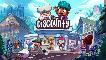 HD PC desktop wallpaper for the video game Discounty: colorful cartoon storefront scene with playful characters, bustling town buildings and bright, whimsical comic-style art.
