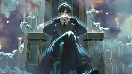 Anime HD PC desktop wallpaper: brooding dark-haired character in a suit sits on a throne amid melting candles and swirling light, dramatic cool-toned atmosphere.