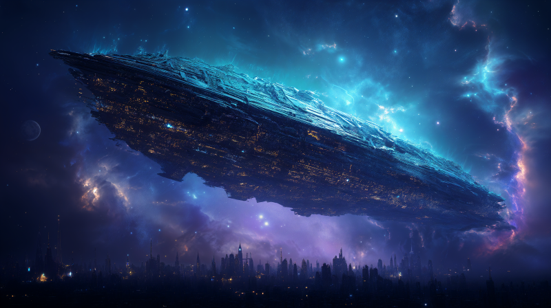 {{ A stunning 4K Ultra HD image of a massive generation spaceship hovering over a futuristic cityscape, set against a vibrant cosmic backdrop filled with stars and nebulae. 