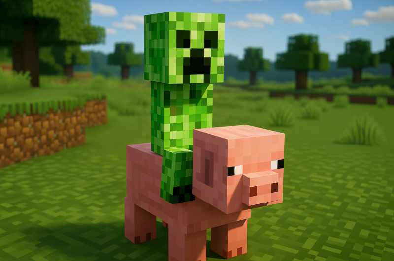 {{ 4K Ultra HD Minecraft wallpaper featuring a Creeper riding a pig in a vibrant blocky landscape with trees and grassy terrain. 