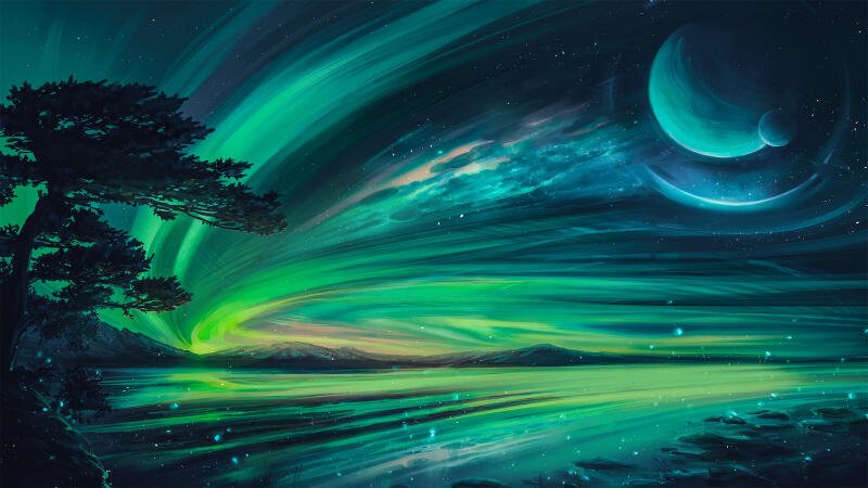 {{ HD PC desktop wallpaper showcasing a vibrant green aurora borealis sweeping across a night sky over a serene landscape with silhouetted trees and a glowing planet. 