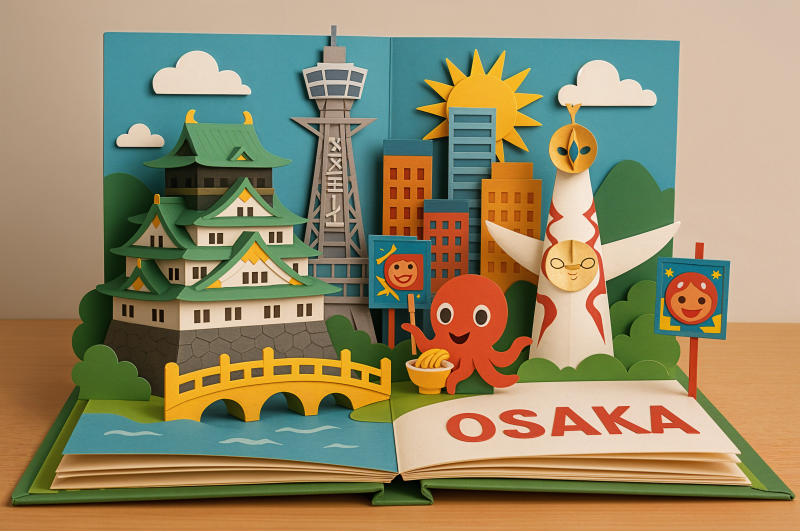 {{ A colorful 4K Ultra HD paper art illustration of Osaka landmarks, including Osaka Castle, Tsutenkaku Tower, and the Tower of the Sun, displayed on an open book. 